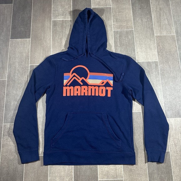 Marmot Hoodie Mens Small Fleece Logo Pullover Navy Sweatshirt Sweater‎ Graphic - Picture 1 of 9